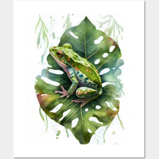 Green Frog on a Leaf Watercolor Design Posters and Art